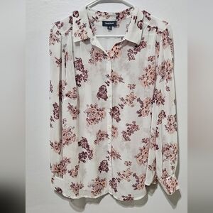 ModCloth Button Up Blouse Sheer White Pink Floral Button Front Sz 1X Chiffon B12